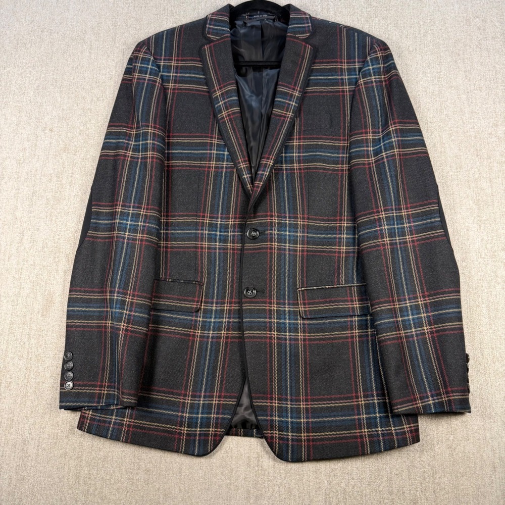 Argyleculture Blazer Mens 42R Gray Plaid Wool Blend Elbow Patch Sport Coat Small
